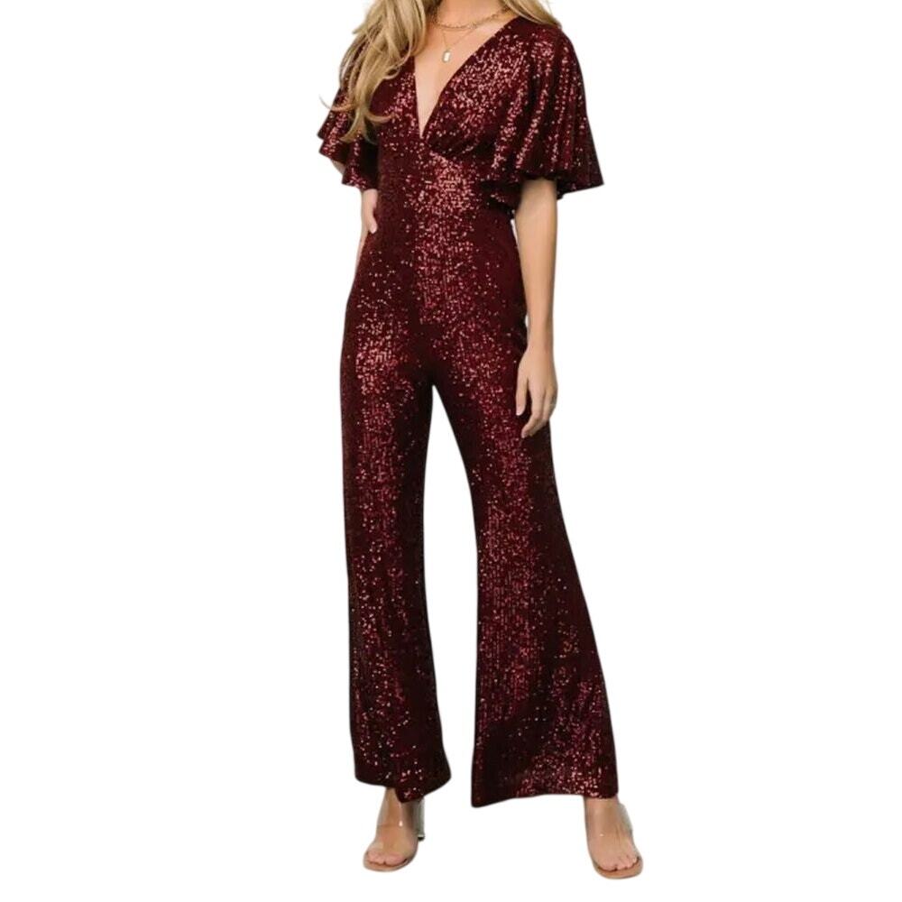NWT Aakaa Dynasty Burgundy Red Sequin V-Neck Open Back Jumpsuit Small